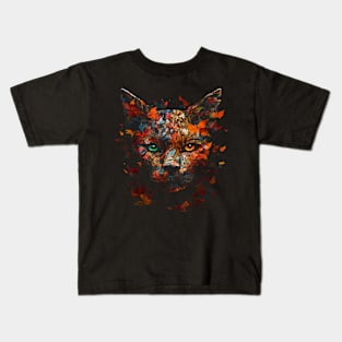 Cat Autumn Leaves Art - Colourful Eyes Cat Motif Kids T-Shirt
